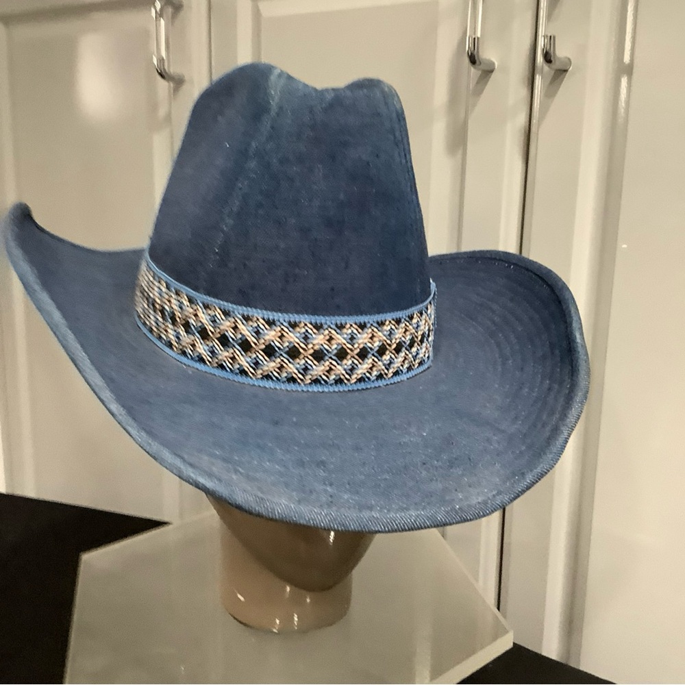 Vintage 70’s YA Youngan Blue Jean Denim Cowboy Western Hat Chevron Band - Picture 2 of 16
